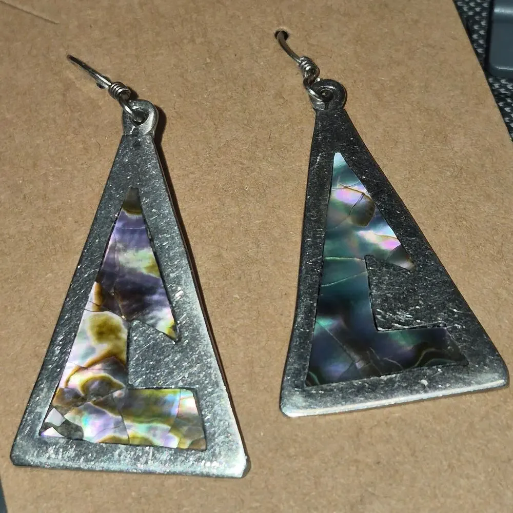 Vintage Taxco Mexican Silver Abalone Inlay Dangle Earrings Wire Hooks 7.8g